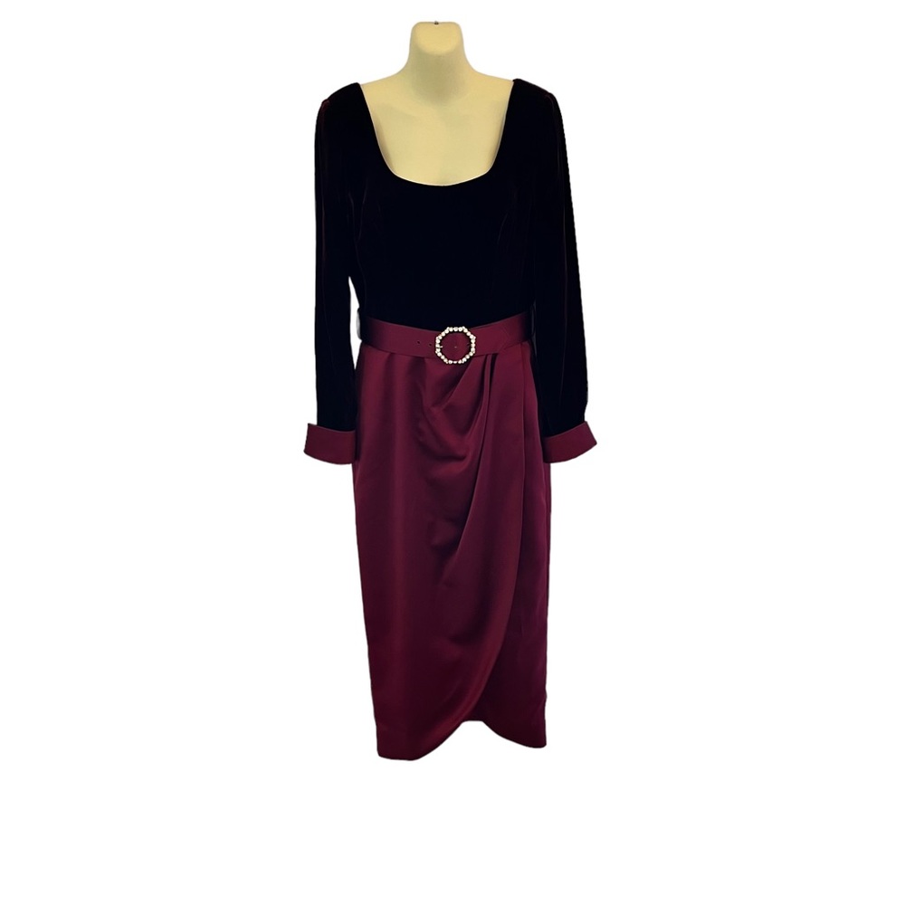 En Francais Huey Waltzer Vintage Burgundy Tulip Belted Midi Dress Women's Size 8